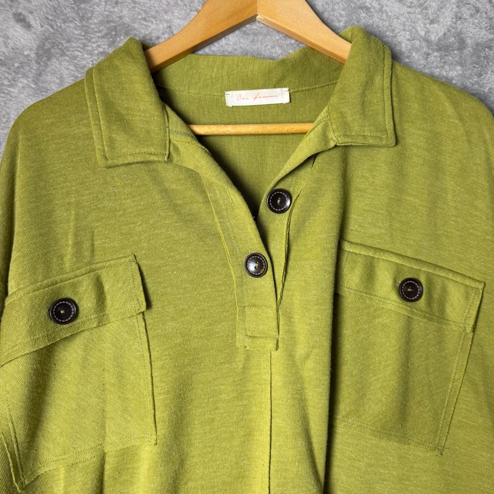 Chartreuse Green oversized Henley style sweater - Picture 3 of 6